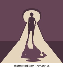 Posing woman silhouette with casting shadow. Keyhole concept which has a bright light. Light poured into the room from the keyhole.