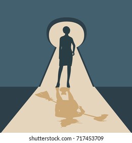 Posing woman silhouette. Witch casting shadow with a broomstick in the light that poured into the room from the keyhole. Halloween relative image