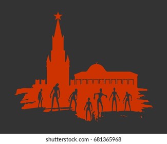 Posing zombie silhouettes set at the Moscow Kremlin. Halloween theme background