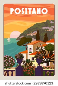 Positano Coast Italy, mediterranean romantic landscape, mountains, seaside town, sea. Retro poster travel svg