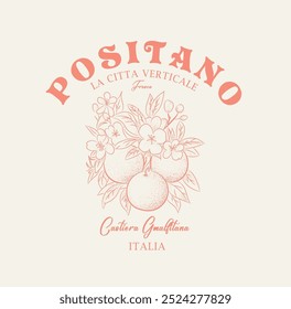 Positano Oranges club Fresh and zesty t shirt, , vintage retro color college text graphics with grunge orange effects, girls graphic , women's print design, kids and men's t-shirt design.