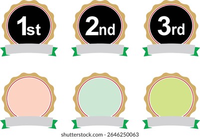 Posição 1ª, 2ª, 3ª ilustração de estoque de etiquetas de prêmio. Prêmio de garantia do ganhador fita vencedora. Medalhas, prêmios, fitas para o primeiro, segundo, terceiro lugar com bordas redondas. Vetor, EPS 10
