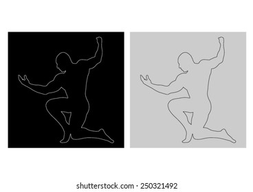 Position of bodybuilder man - white and black outlines sketch - square symbol - sign on black and grey background - vector