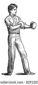 Position of the boxer, vintage engraving. Old engraved illustration of Position of the boxer. Trousset encyclopedia (1886 - 1891).