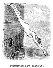 Position During Diving, vintage engraved illustration. Trousset encyclopedia (1886 - 1891).