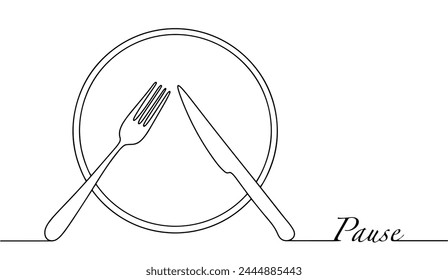 The position of the fork and knife on the plate, meaning that the guest asks not to take away the dish and will still eat it. Simple line illustration.