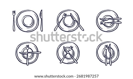 Position of fork and knife on plate. Table settings. Language etiquette. Doodle hand drawn icons isolated on white background. Vector crayon illustration, texture pastel