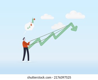 Position growth in the financial stock or crypto market. Businessman, trader character is trying to break the bullish growth trend. Wrong choice for short or long positions. Liquidation, margin call