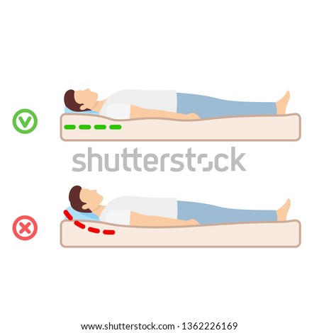 The position of the head and pillows, lying on back. Orthopedic pillow. The correct position posture. Spinal curvature. Good posture. Healthy back. Isolated vector illustration