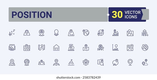 Position icon pack. Containing location, gps, point, trip, address, global and more. Sign and Symbol. Editable stroke. Vector illustration.