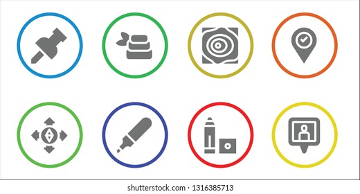 position icon set. 8 filled position icons.  Collection Of - Pin, Destination, Zen, Marker, Maps, Placeholder, Location pin