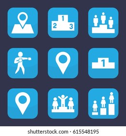 Position icon. set of 9 filled position icons such as ranking, location pin, karate