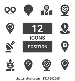position icon set. Collection of 12 filled position icons included Placeholder, Pin, Meditate, Satellite dish, Location