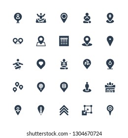 position icon set. Collection of 25 filled position icons included Pin, Stretching, Rank, Location, Placeholder, Yoga, Meditate, Meditation, Pins