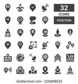 position icon set. Collection of 32 filled position icons included Meditation, Yoga, Pin, Placeholder, Maps, Rank, Satellite dish, Location, Digital map, Stretching, Position