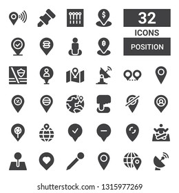 position icon set. Collection of 32 filled position icons included Satellite dish, Pin, Placeholder, Location, Yoga, Position, Maps, Pins