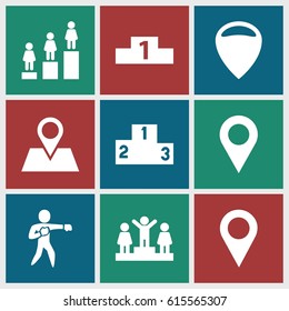 Position icons set. set of 9 position filled icons such as ranking, location pin, karate