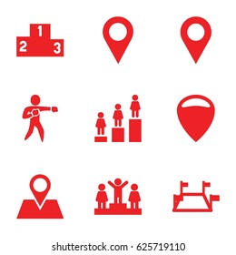 Position icons set. set of 9 position filled icons such as ranking, location pin, karate, locations