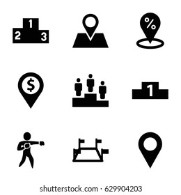 Position icons set. set of 9 position filled icons such as location pin, karate, ranking, locations
