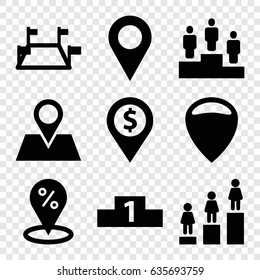 Position icons set. set of 9 position filled icons such as ranking, location pin, locations