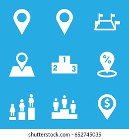 Position icons set. set of 9 position filled icons such as ranking, location pin, locations