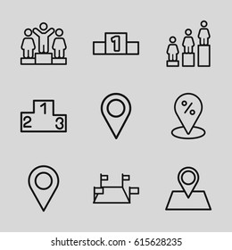 Position icons set. set of 9 position outline icons such as ranking, location pin, location, sale location