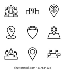 Position icons set. set of 9 position outline icons such as ranking, location pin, location