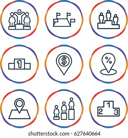 Position icons set. set of 9 position outline icons such as ranking, location pin, sale location, dollar location