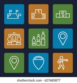 Position icons set. set of 9 position outline icons such as ranking, location pin, karate, location