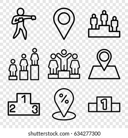 Position icons set. set of 9 position outline icons such as ranking, location pin, karate, location