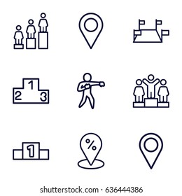 Position icons set. set of 9 position outline icons such as ranking, location pin, karate, location, sale location