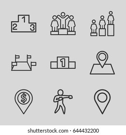 Position icons set. set of 9 position outline icons such as ranking, location pin, karate, dollar location