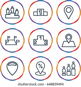 Position icons set. set of 9 position outline icons such as ranking, location pin, location, sale location