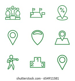 Position icons set. set of 9 position outline icons such as ranking, location pin, karate, location, sale location