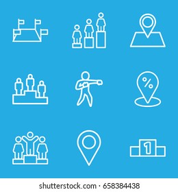 Position icons set. set of 9 position outline icons such as ranking, location pin, karate, location, sale location