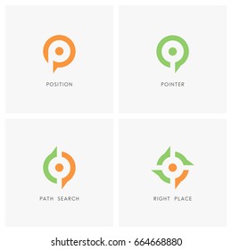 Position Pointer Logo Set. Place Or Address Symbol, Path Search And Target Sign - Location, Destination And Navigation Icons.