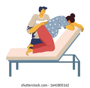 Position of pregnant woman with contractions, doctor and girl with belly giving birth hospital bed isolated icon vector. Husband helps childbirth, labor position. Couple and partners, husband and wife