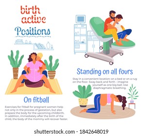 Position of pregnant woman, reproduction set. Females with belly giving birth on all floors, fitball. Husband helps childbirth. Birth labor positions and postures. Get ready for upcoming childbirth