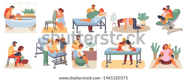 Position of pregnant woman, reproduction set, man\
obstetrics. Female with belly giving birth on floor, chair and\
ball, bath. Husband helps childbirth. Childbirth labor positions\
and postures at home