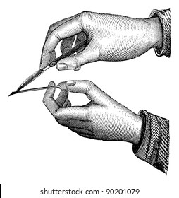  Position of the scalpel and grooved in the simple incision from within outwards, vintage engraved illustration. Usual Medicine Dictionary by Dr Labarthe - 1885