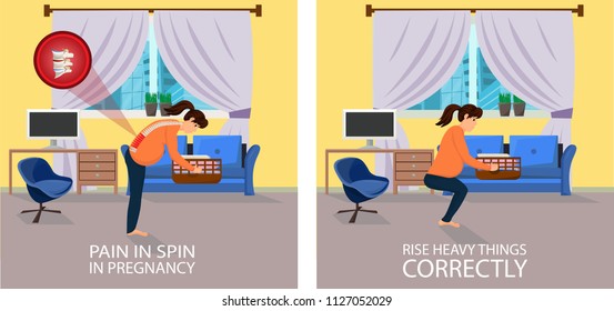 Position when Lifting things for Pregnant. Correct and Wrong Position. Pain in Spine with Lifting of Weight. Pain in Spine in Pregnancy. Rise Heavy things correctly. Vector Illustration.