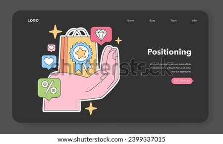 Positioning concept. A hand presents a branded bag, accentuating premium quality, customer loyalty, and special offers. Emphasizing brand value and superior market stance. Flat vector illustration