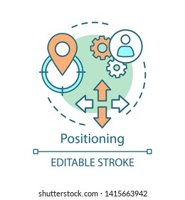 Positioning concept icon. Pinned geolocation icon idea thin line illustration. Gps technology, route searching vector isolated outline drawing. Tracking, geo position. Editable stroke