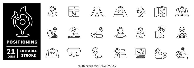 Positioning icons set. editable line icons, location, navigation, mapping designs