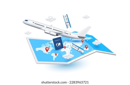 Airplane flying in sky. Jet plane fly in clouds, airplanes travel and  vacation aircraft. Flight plane, airplane trip to airport or airline  transportation.Flat airplane vector illustration, Stock-Vektorgrafik