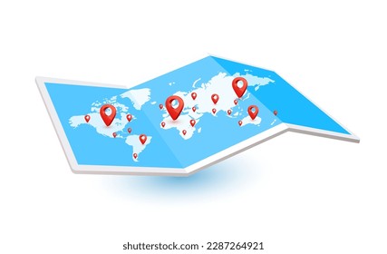 Positioning pins red on world map paper blue. Isolated on white background. Travel transport concept. 3D Vector EPS10. For advertising media about tourism.