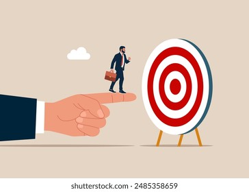 Positioning strategy in consumer customer. Businessman walk to the goal. Career growing progress business manager. Flat vector illustration