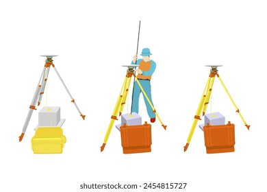 Positionierung der Umfrage mit einem auf dem Benchmark installierten geodätischen GPS-Gerät. Flache Vektorillustration.