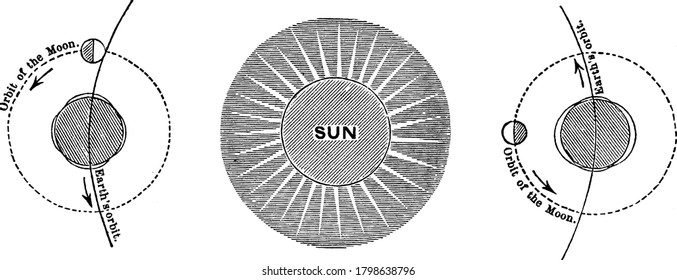 Positions of orbit of moon with sun. Sun and moon are 90 degree apart and produces a tide over earth, vintage line drawing or engraving illustration.