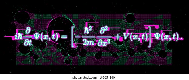 Position-space Schrodinger equation for a single nonrelativistic particle in one dimension. Conceptual illustration of the particle field in pixel art style.